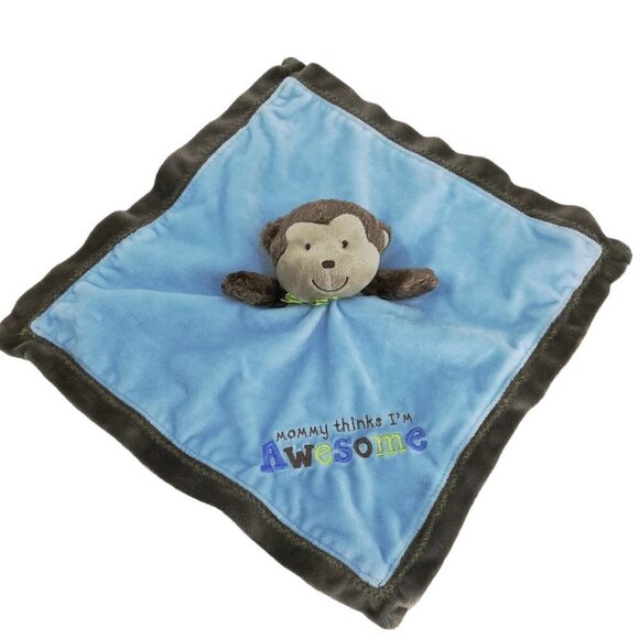 Carters Monkey Blue Brown Mommy Thinks I'm Awesome Rattle Lovey Lovie Satin - Picture 1 of 6